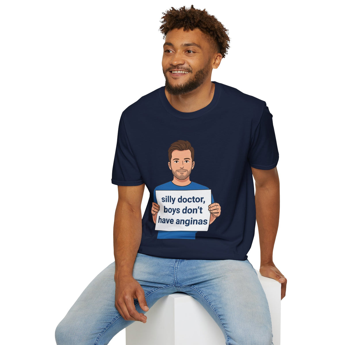 Graphic T-Shirt — 'silly doctor, boys don't have anginas' Cartoon Man Tee