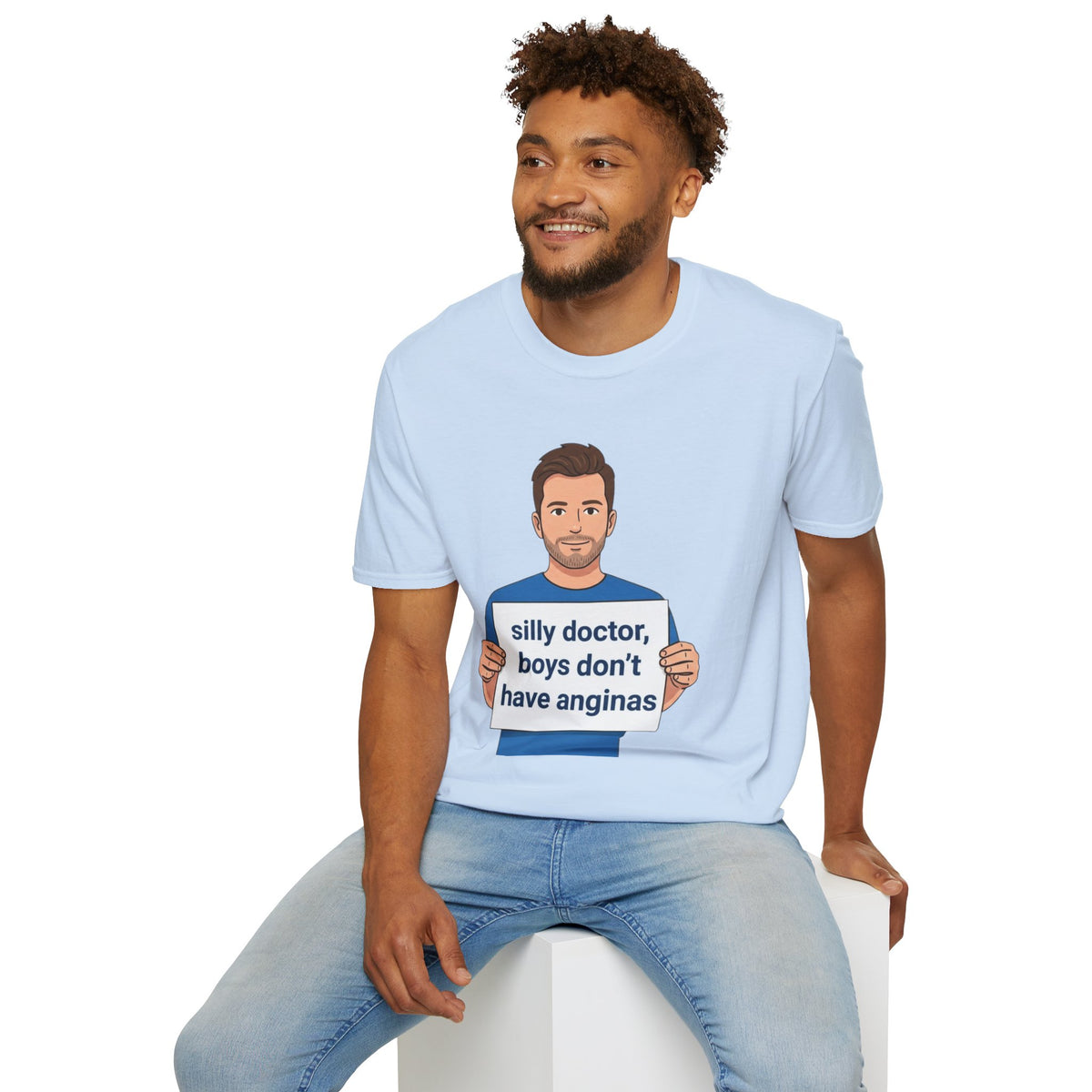 Graphic T-Shirt — 'silly doctor, boys don't have anginas' Cartoon Man Tee
