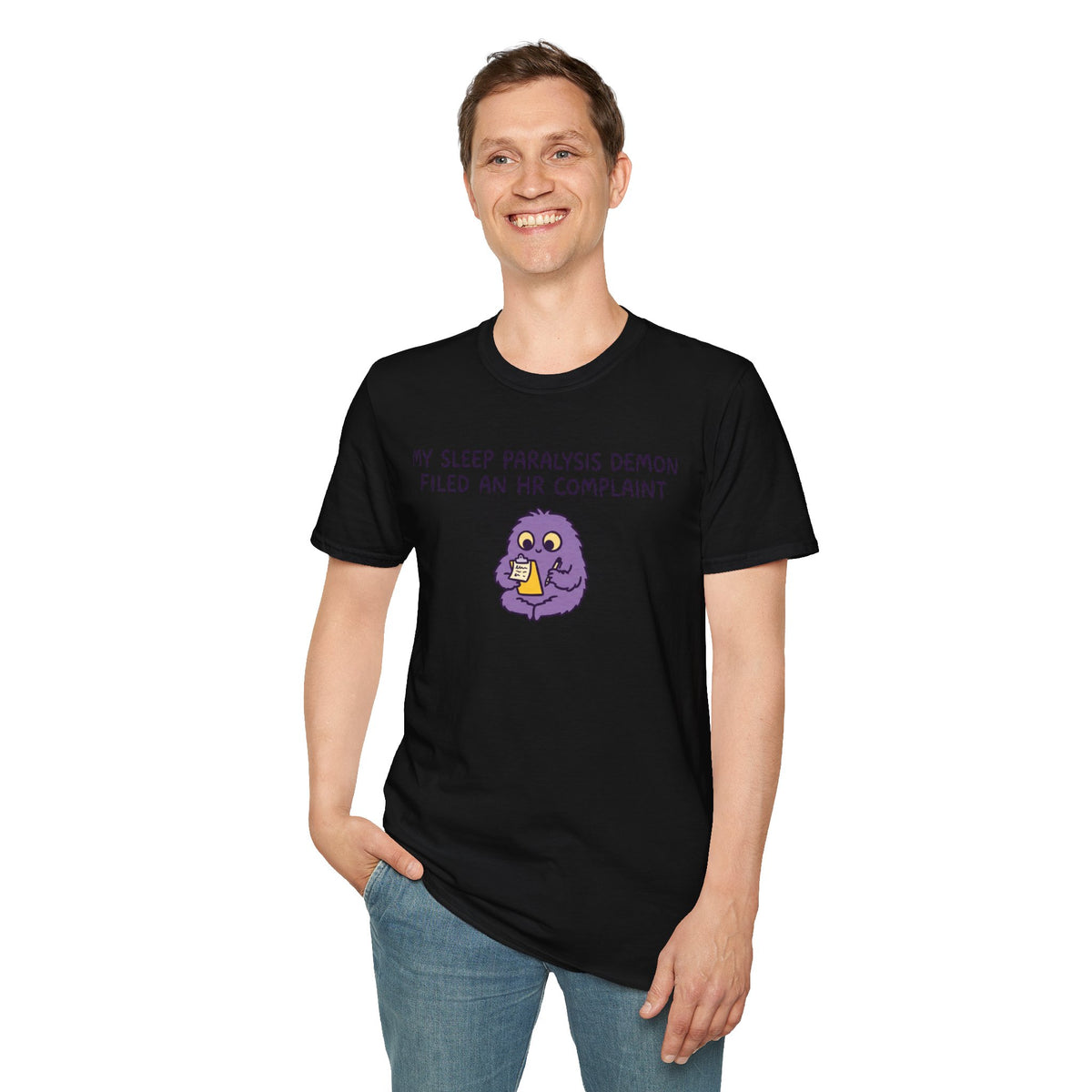 Sleep Paralysis Demon T‑Shirt — Funny Cute Purple Monster with HR Complaint
