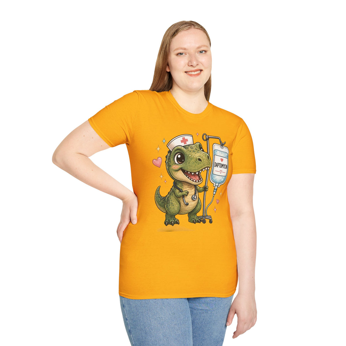 Nurse Dino T‑Shirt — Cute Daptomycin IV Cartoon Tee for Nurses & Med Students