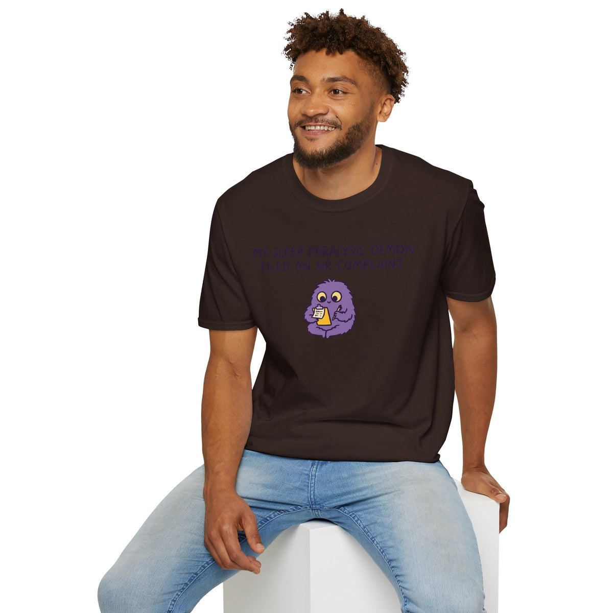 Sleep Paralysis Demon T‑Shirt — Funny Cute Purple Monster with HR Complaint