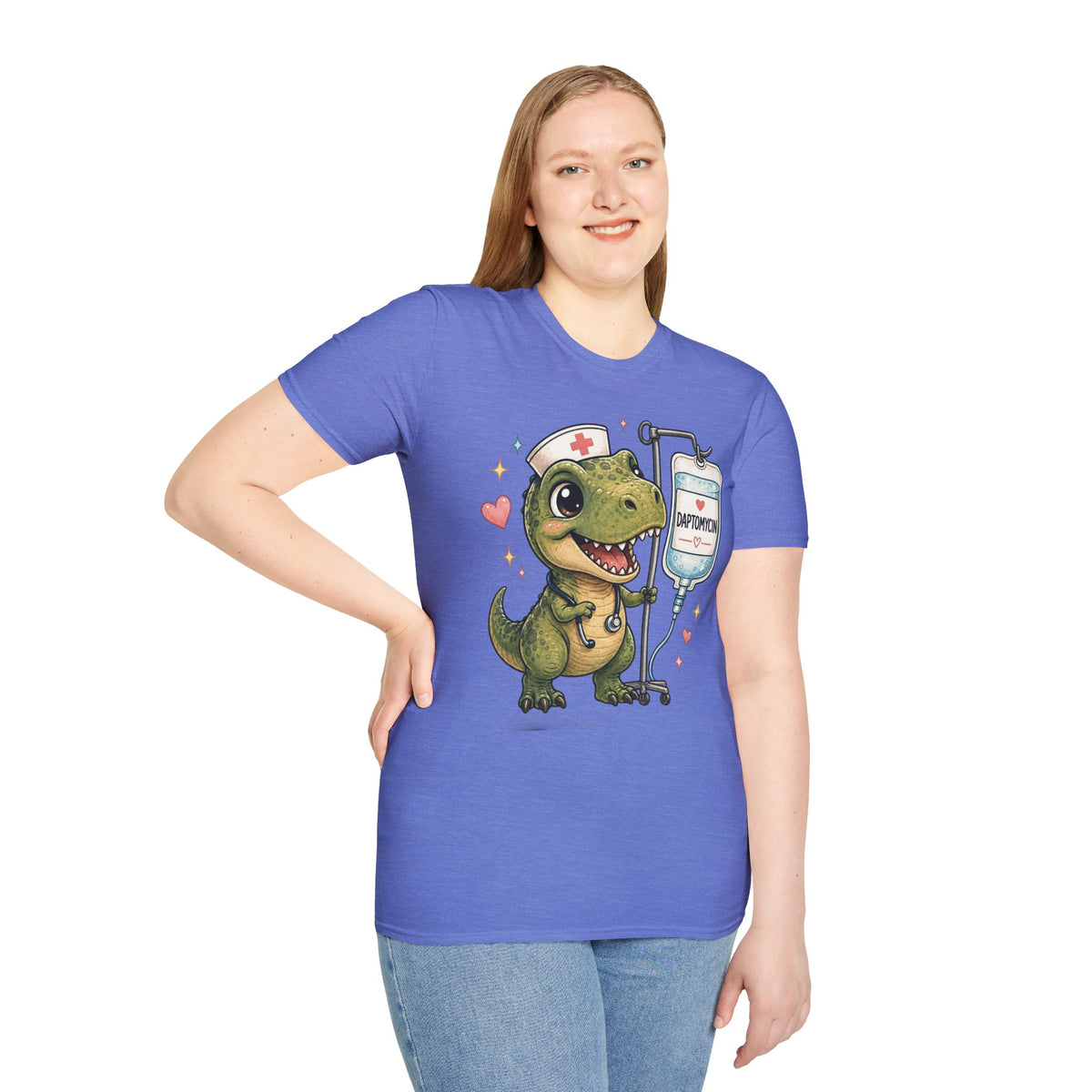 Nurse Dino T‑Shirt — Cute Daptomycin IV Cartoon Tee for Nurses & Med Students