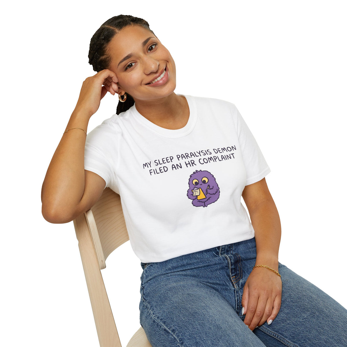 Sleep Paralysis Demon T‑Shirt — Funny Cute Purple Monster with HR Complaint