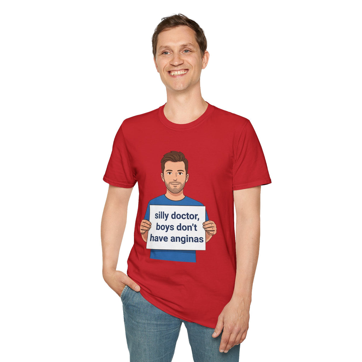 Graphic T-Shirt — 'silly doctor, boys don't have anginas' Cartoon Man Tee