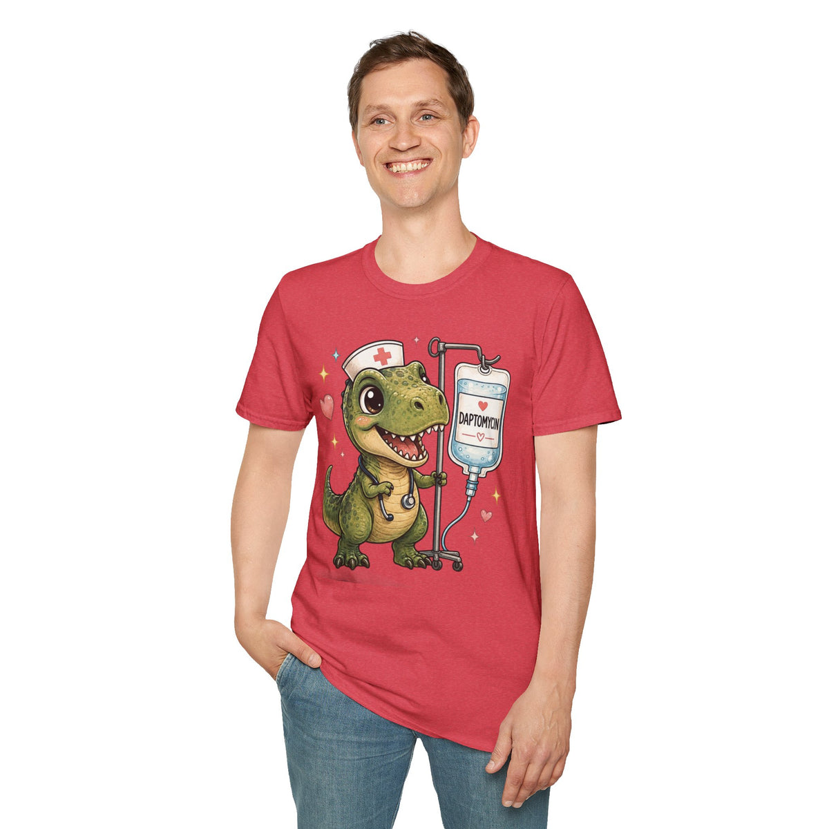 Nurse Dino T‑Shirt — Cute Daptomycin IV Cartoon Tee for Nurses & Med Students