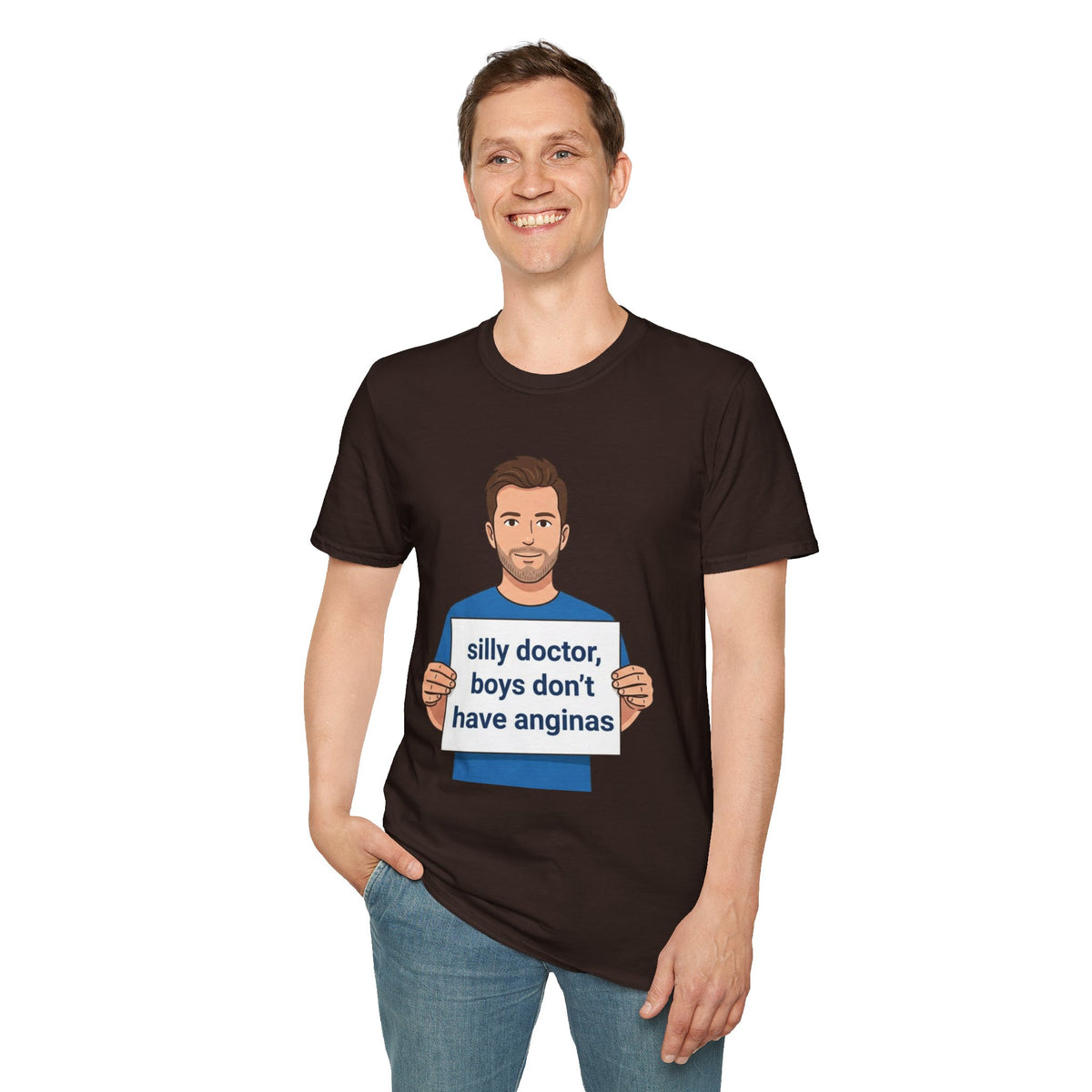 Graphic T-Shirt — 'silly doctor, boys don't have anginas' Cartoon Man Tee