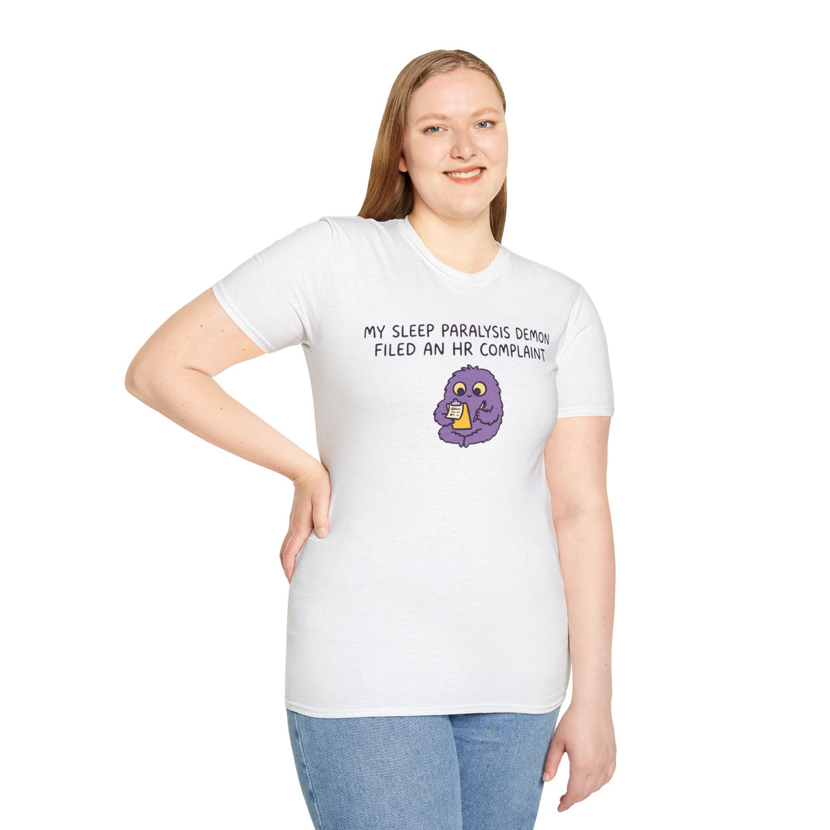 Sleep Paralysis Demon T‑Shirt — Funny Cute Purple Monster with HR Complaint