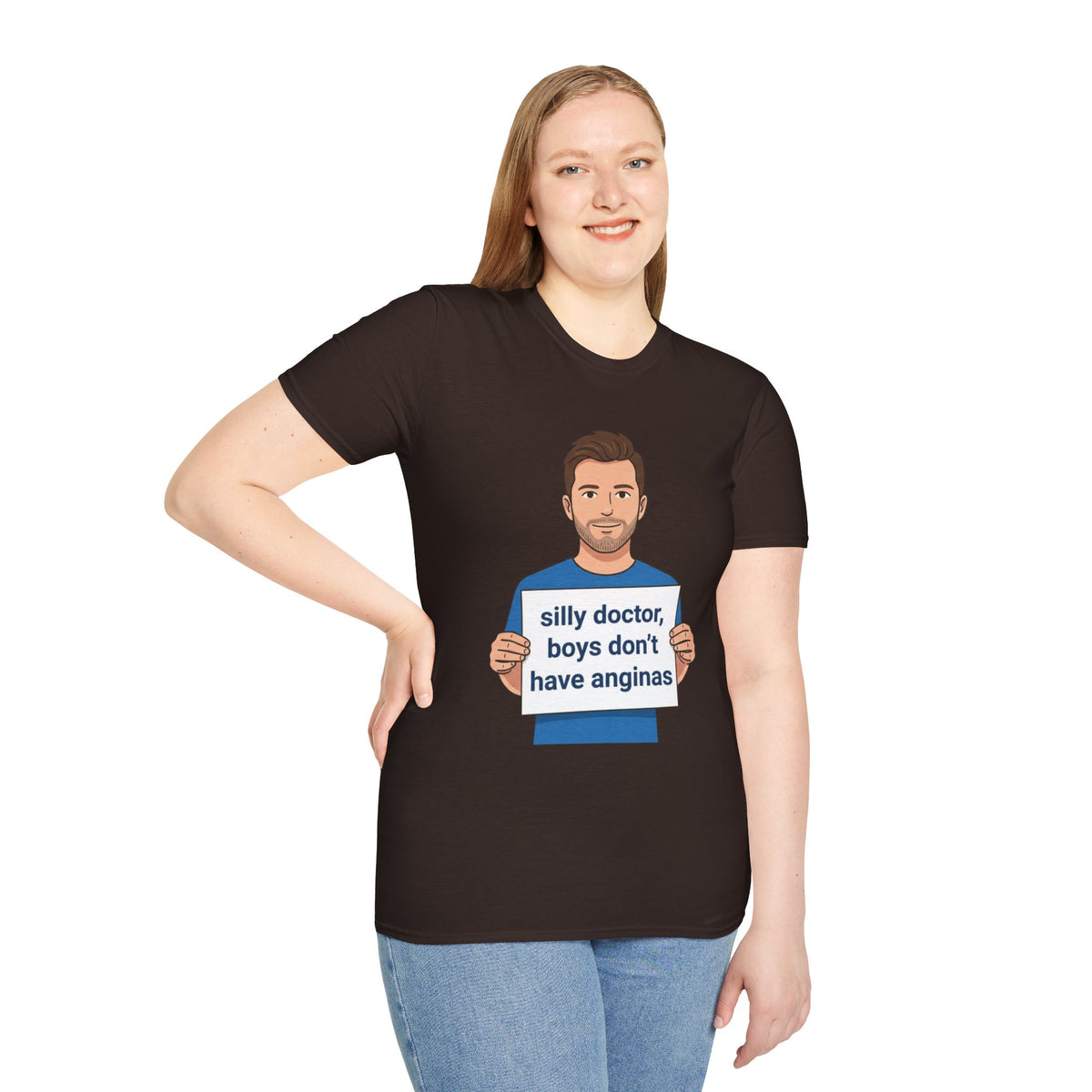 Graphic T-Shirt — 'silly doctor, boys don't have anginas' Cartoon Man Tee