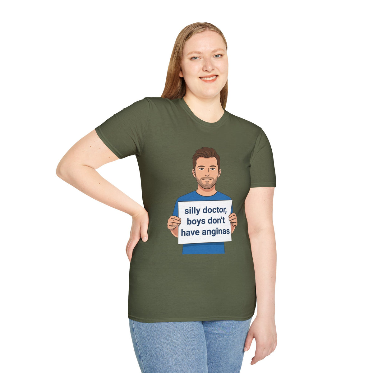 Graphic T-Shirt — 'silly doctor, boys don't have anginas' Cartoon Man Tee