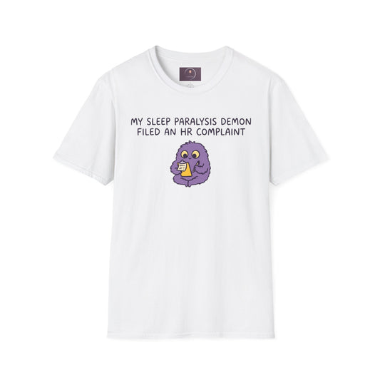 Sleep Paralysis Demon T‑Shirt — Funny Cute Purple Monster with HR Complaint