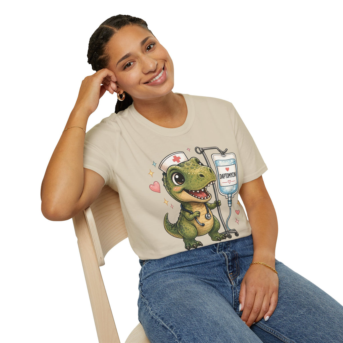 Nurse Dino T‑Shirt — Cute Daptomycin IV Cartoon Tee for Nurses & Med Students