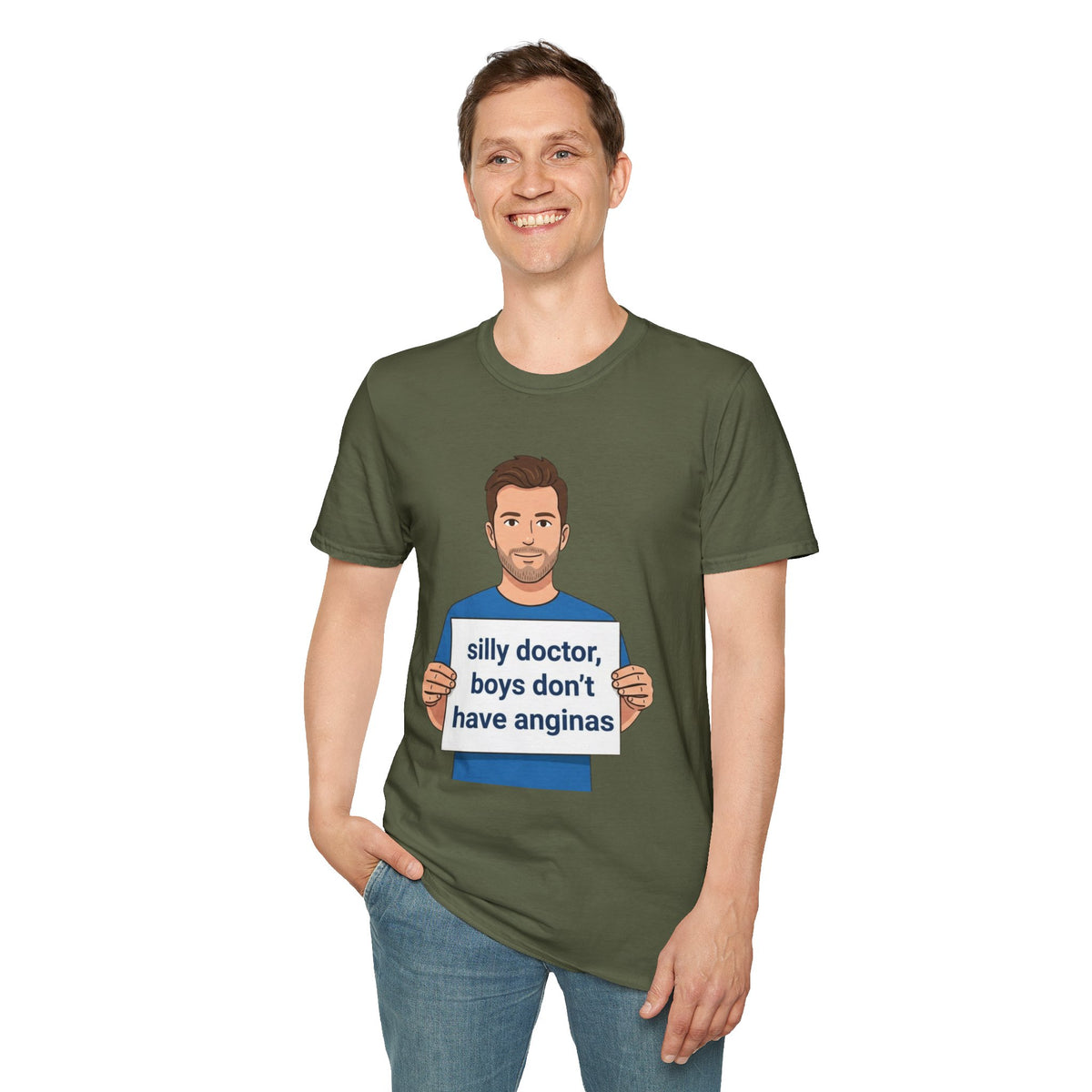Graphic T-Shirt — 'silly doctor, boys don't have anginas' Cartoon Man Tee
