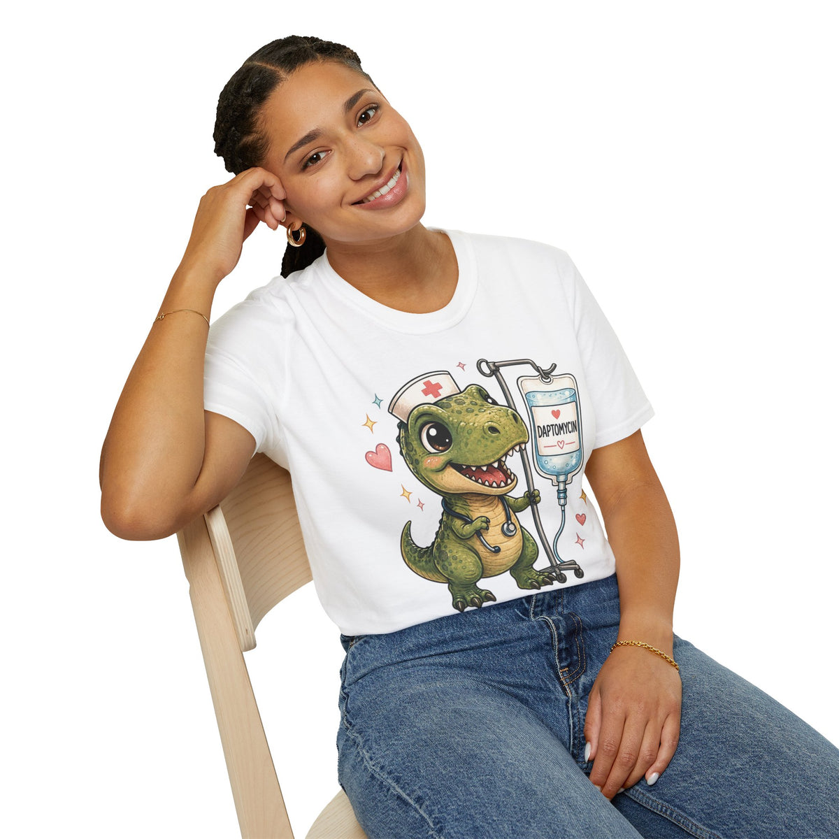 Nurse Dino T‑Shirt — Cute Daptomycin IV Cartoon Tee for Nurses & Med Students