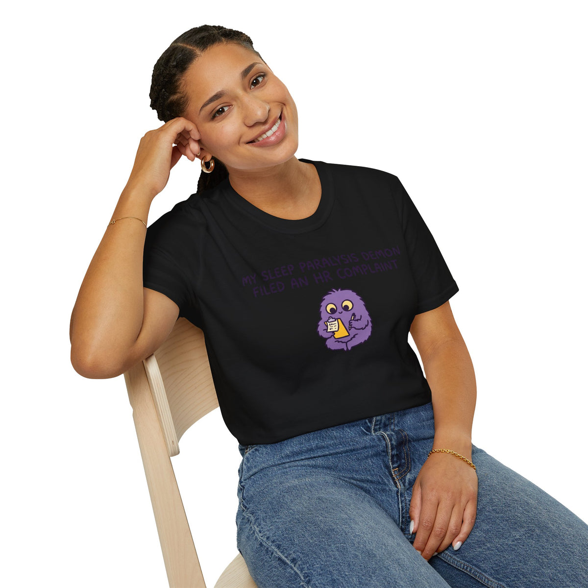 Sleep Paralysis Demon T‑Shirt — Funny Cute Purple Monster with HR Complaint