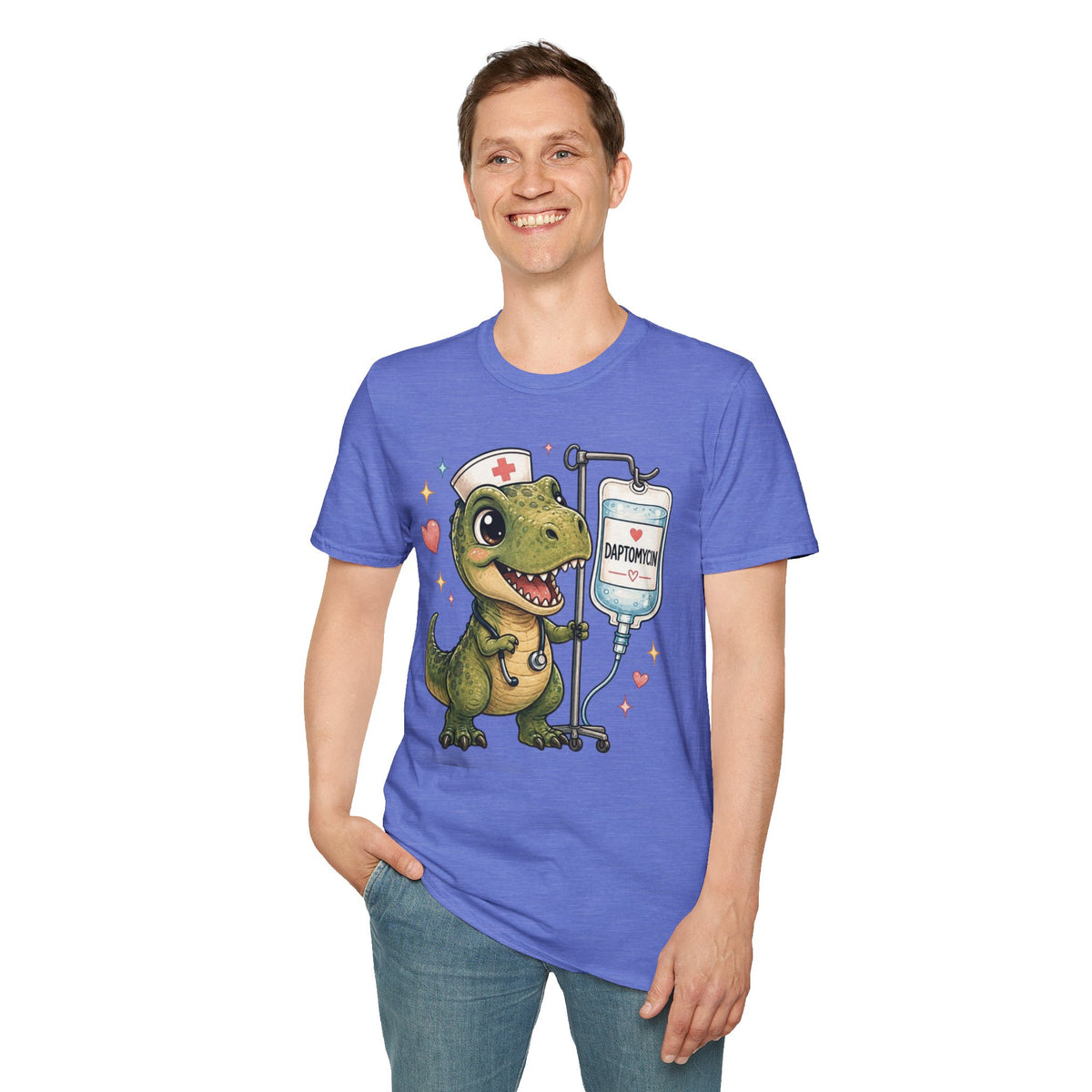 Nurse Dino T‑Shirt — Cute Daptomycin IV Cartoon Tee for Nurses & Med Students