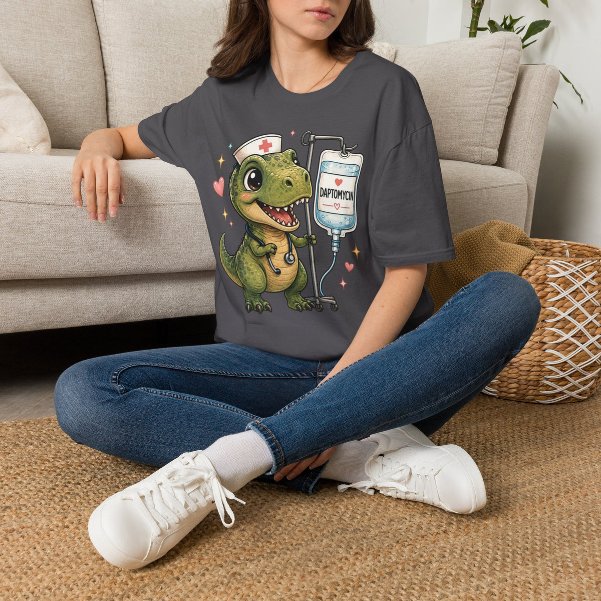 Nurse Dino T‑Shirt — Cute Daptomycin IV Cartoon Tee for Nurses & Med Students