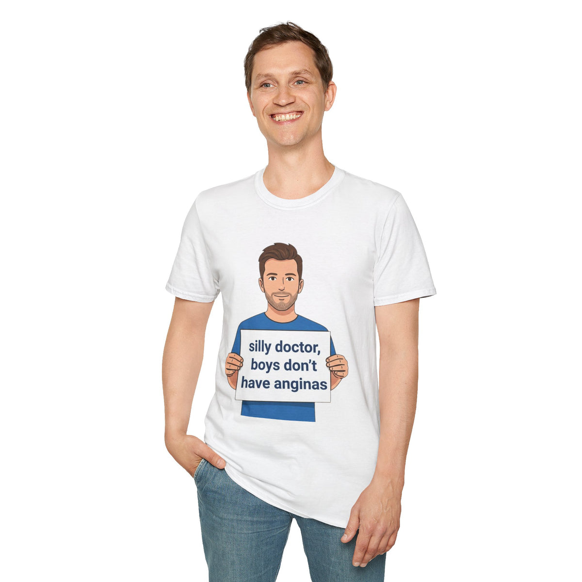Graphic T-Shirt — 'silly doctor, boys don't have anginas' Cartoon Man Tee