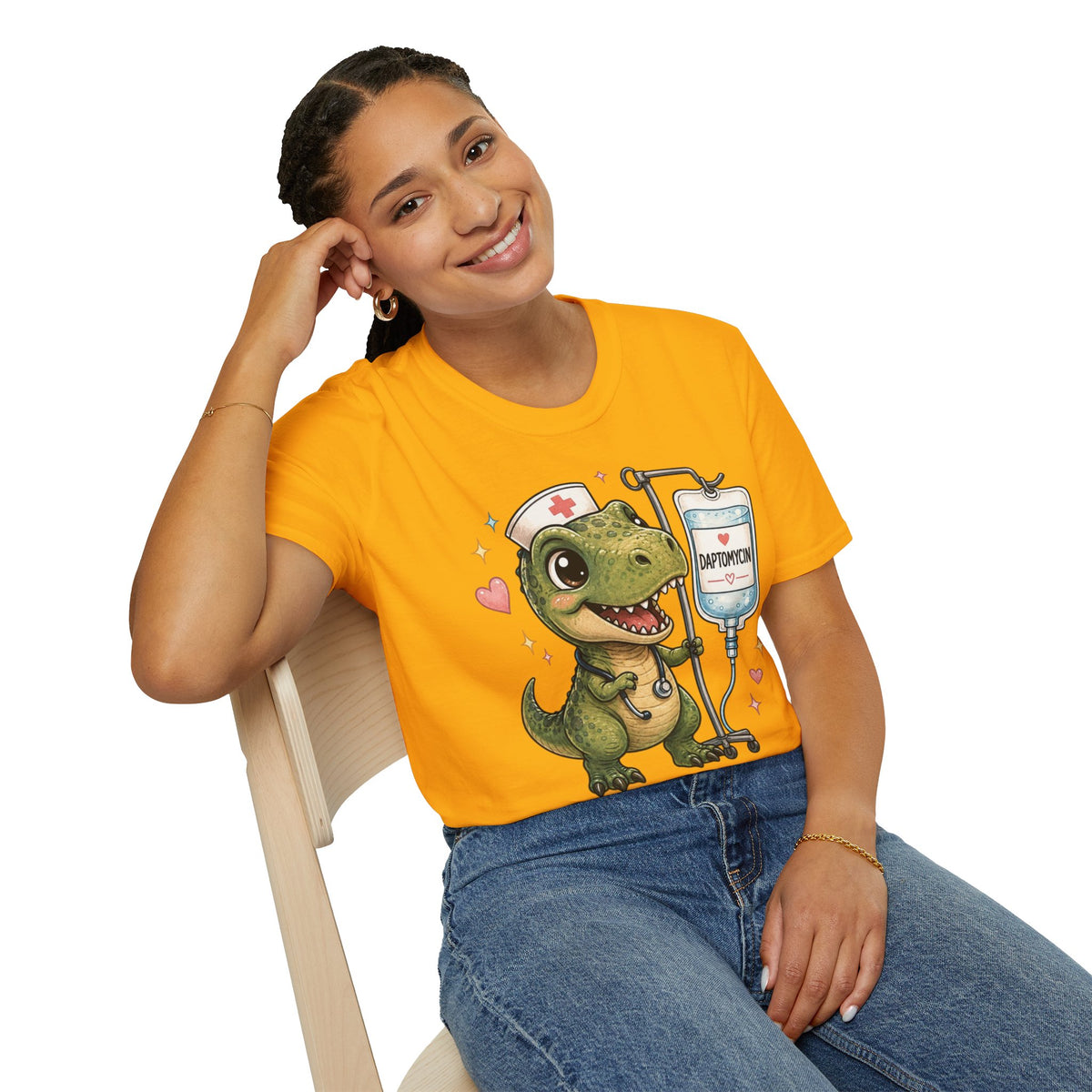 Nurse Dino T‑Shirt — Cute Daptomycin IV Cartoon Tee for Nurses & Med Students
