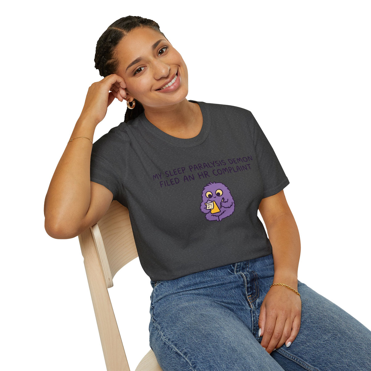 Sleep Paralysis Demon T‑Shirt — Funny Cute Purple Monster with HR Complaint