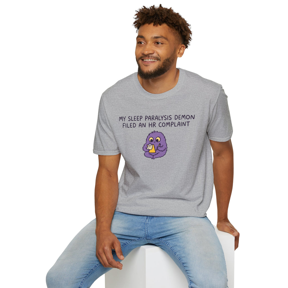 Sleep Paralysis Demon T‑Shirt — Funny Cute Purple Monster with HR Complaint