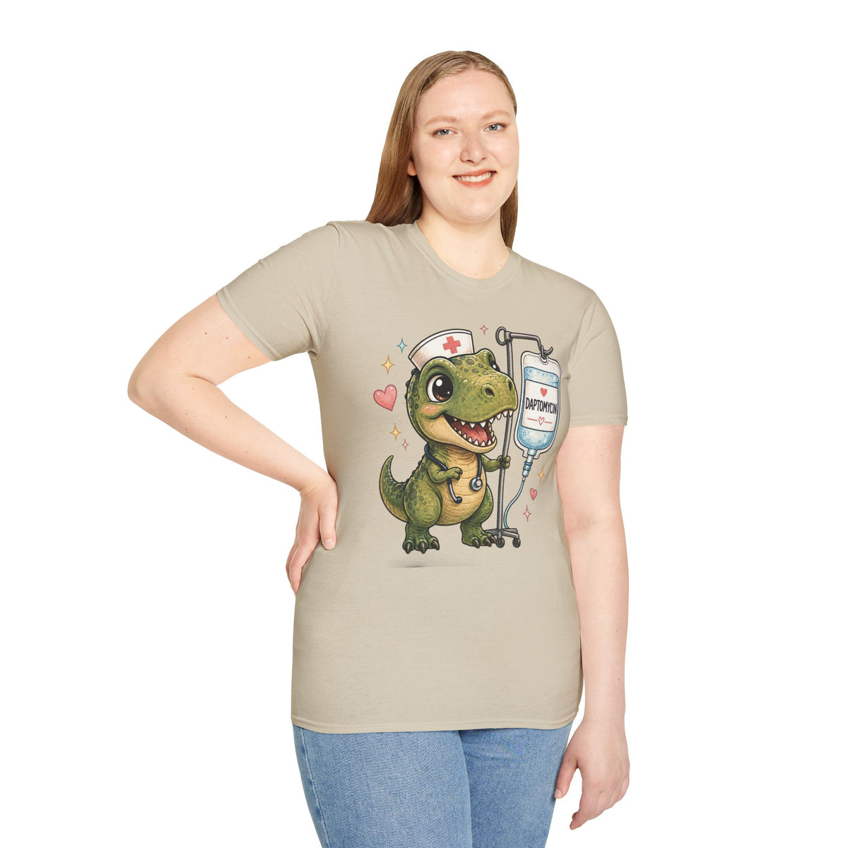 Nurse Dino T‑Shirt — Cute Daptomycin IV Cartoon Tee for Nurses & Med Students