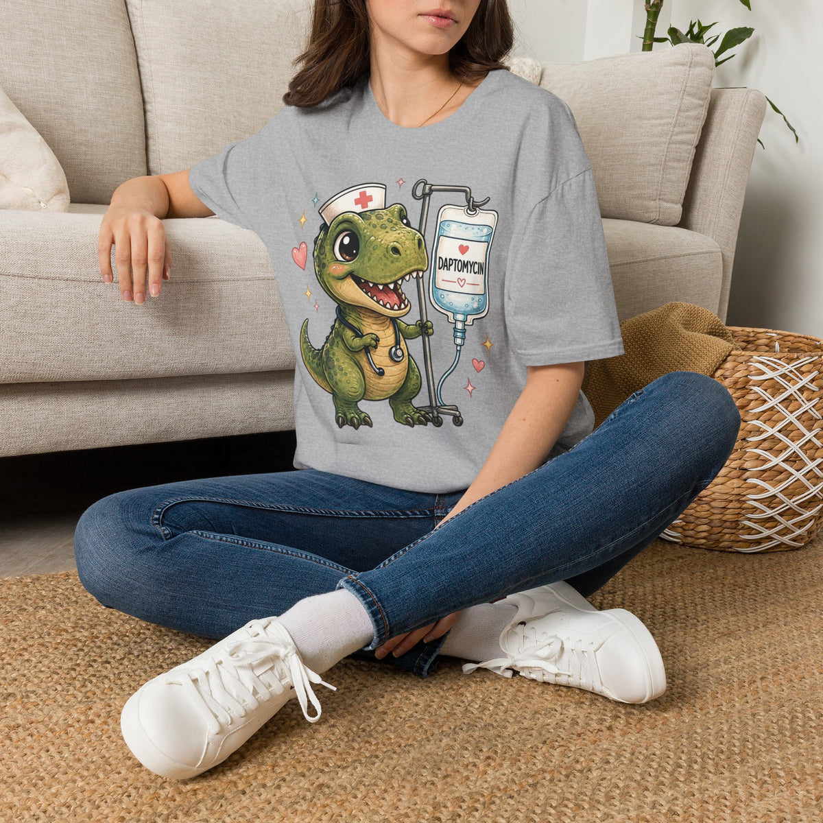 Nurse Dino T‑Shirt — Cute Daptomycin IV Cartoon Tee for Nurses & Med Students