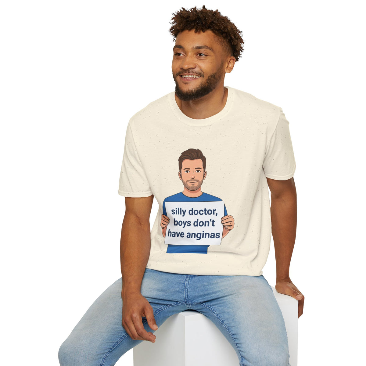 Graphic T-Shirt — 'silly doctor, boys don't have anginas' Cartoon Man Tee