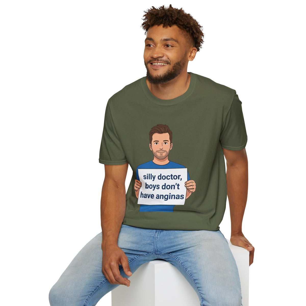 Graphic T-Shirt — 'silly doctor, boys don't have anginas' Cartoon Man Tee