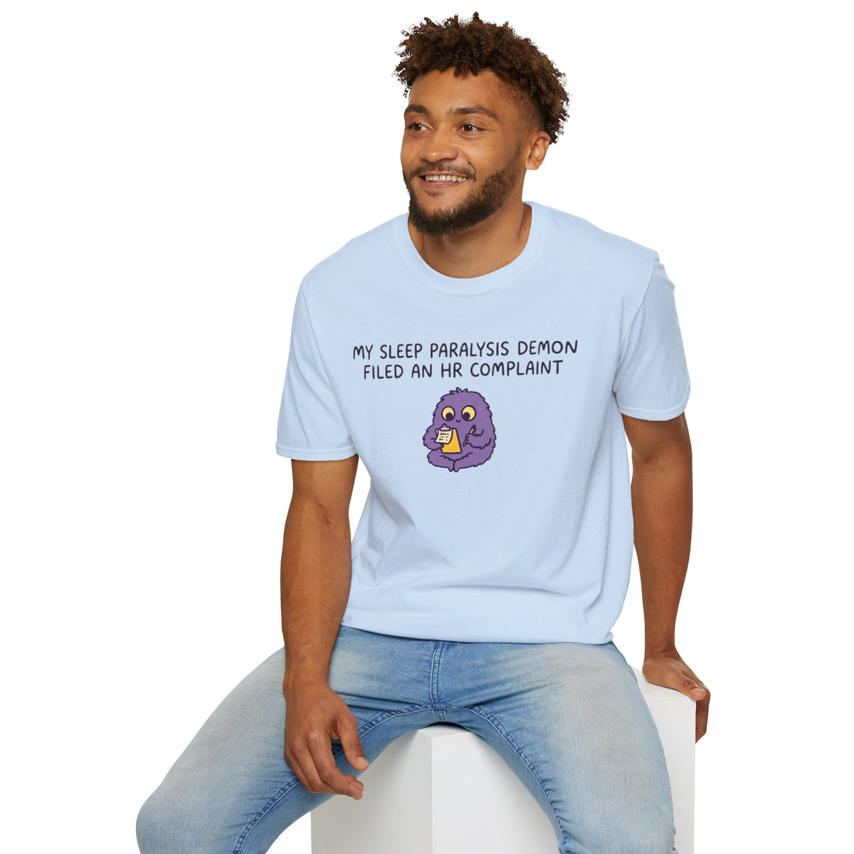 Sleep Paralysis Demon T‑Shirt — Funny Cute Purple Monster with HR Complaint