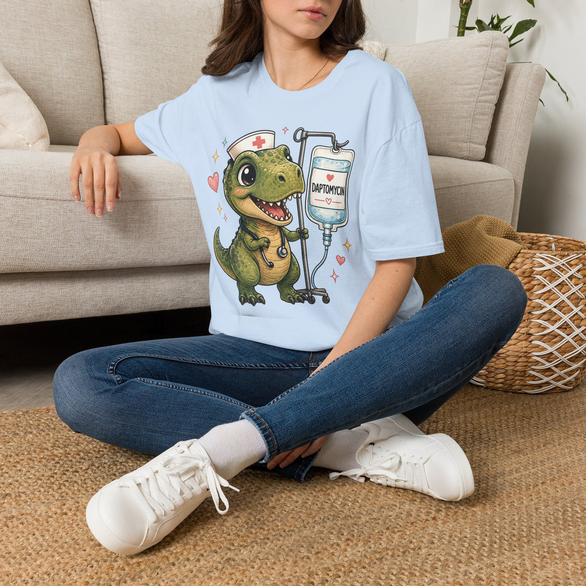 Nurse Dino T‑Shirt — Cute Daptomycin IV Cartoon Tee for Nurses & Med Students