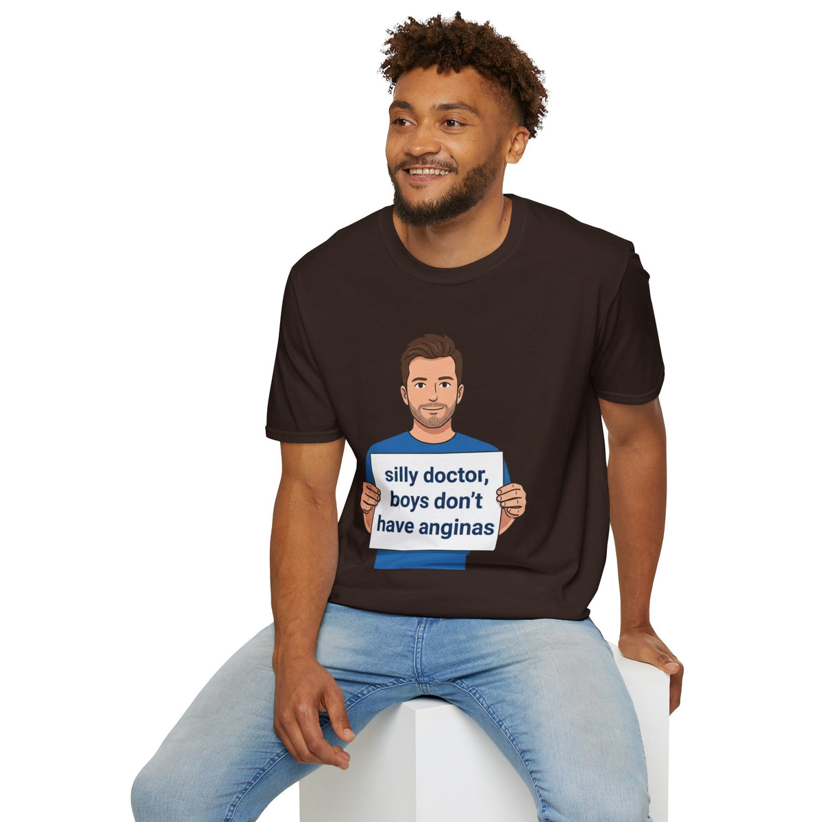Graphic T-Shirt — 'silly doctor, boys don't have anginas' Cartoon Man Tee