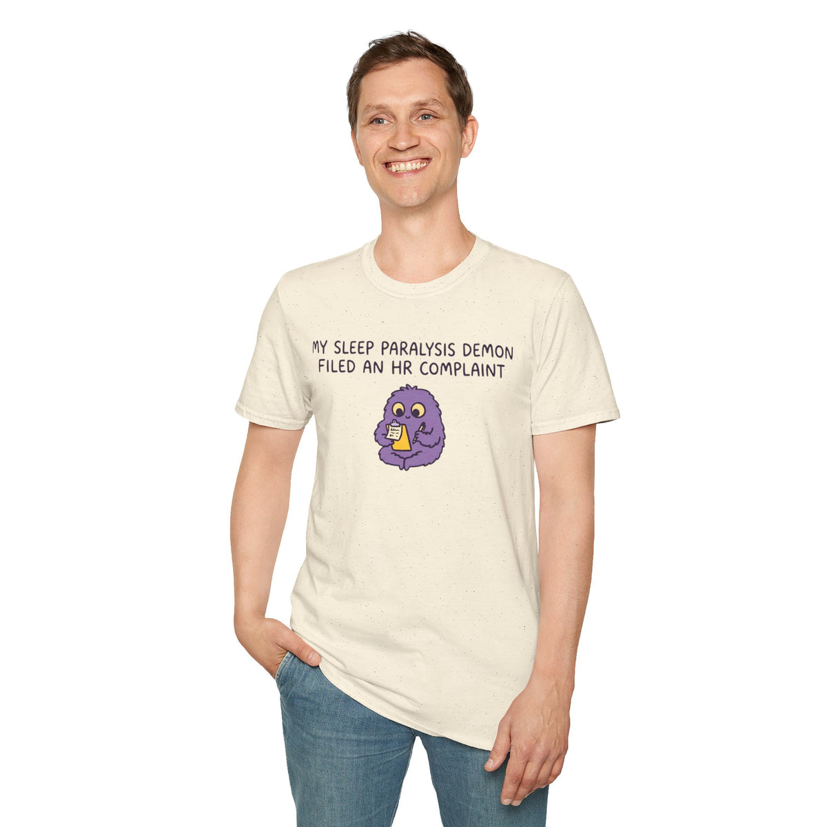 Sleep Paralysis Demon T‑Shirt — Funny Cute Purple Monster with HR Complaint