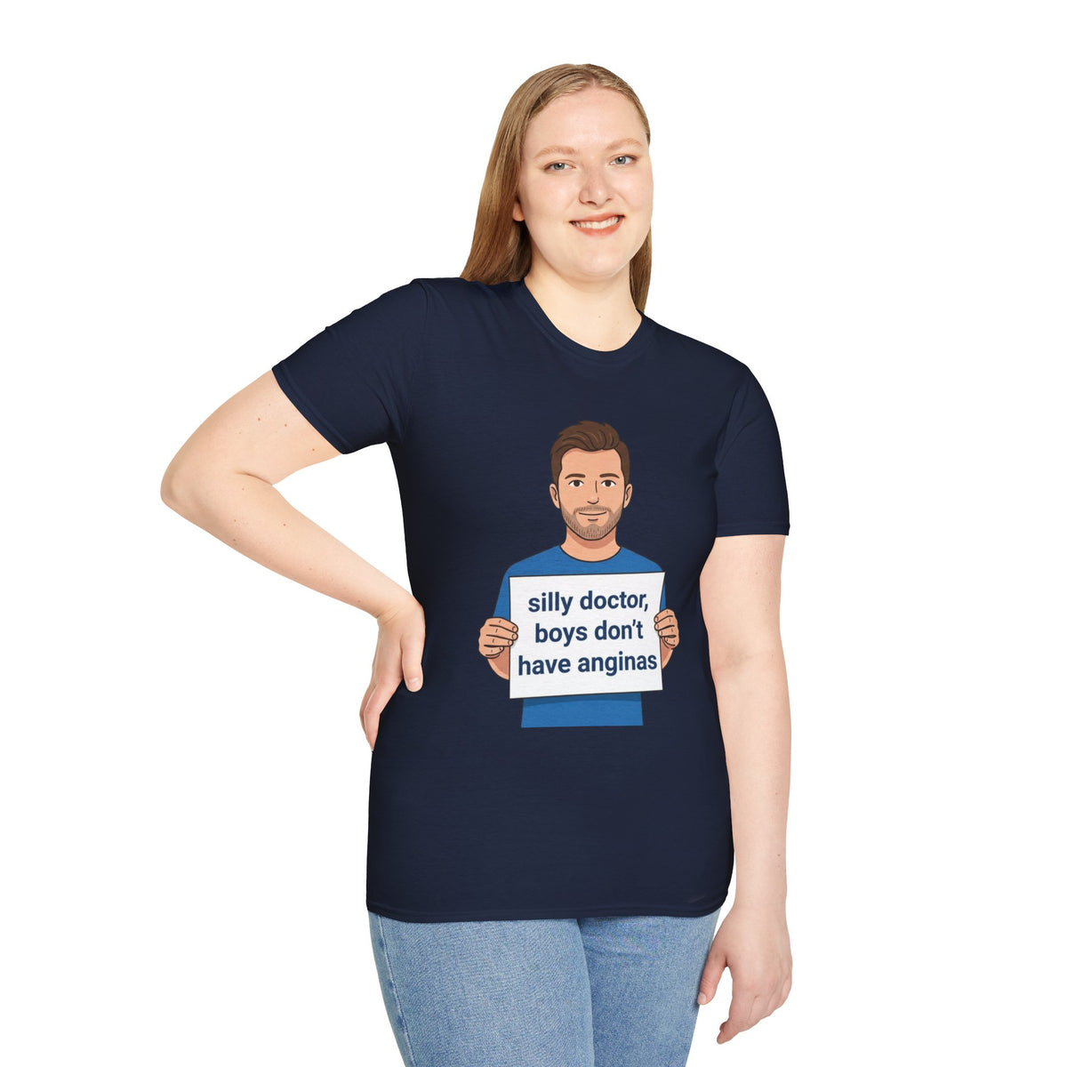 Graphic T-Shirt — 'silly doctor, boys don't have anginas' Cartoon Man Tee