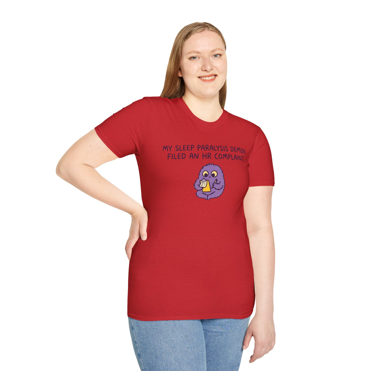 Sleep Paralysis Demon T‑Shirt — Funny Cute Purple Monster with HR Complaint