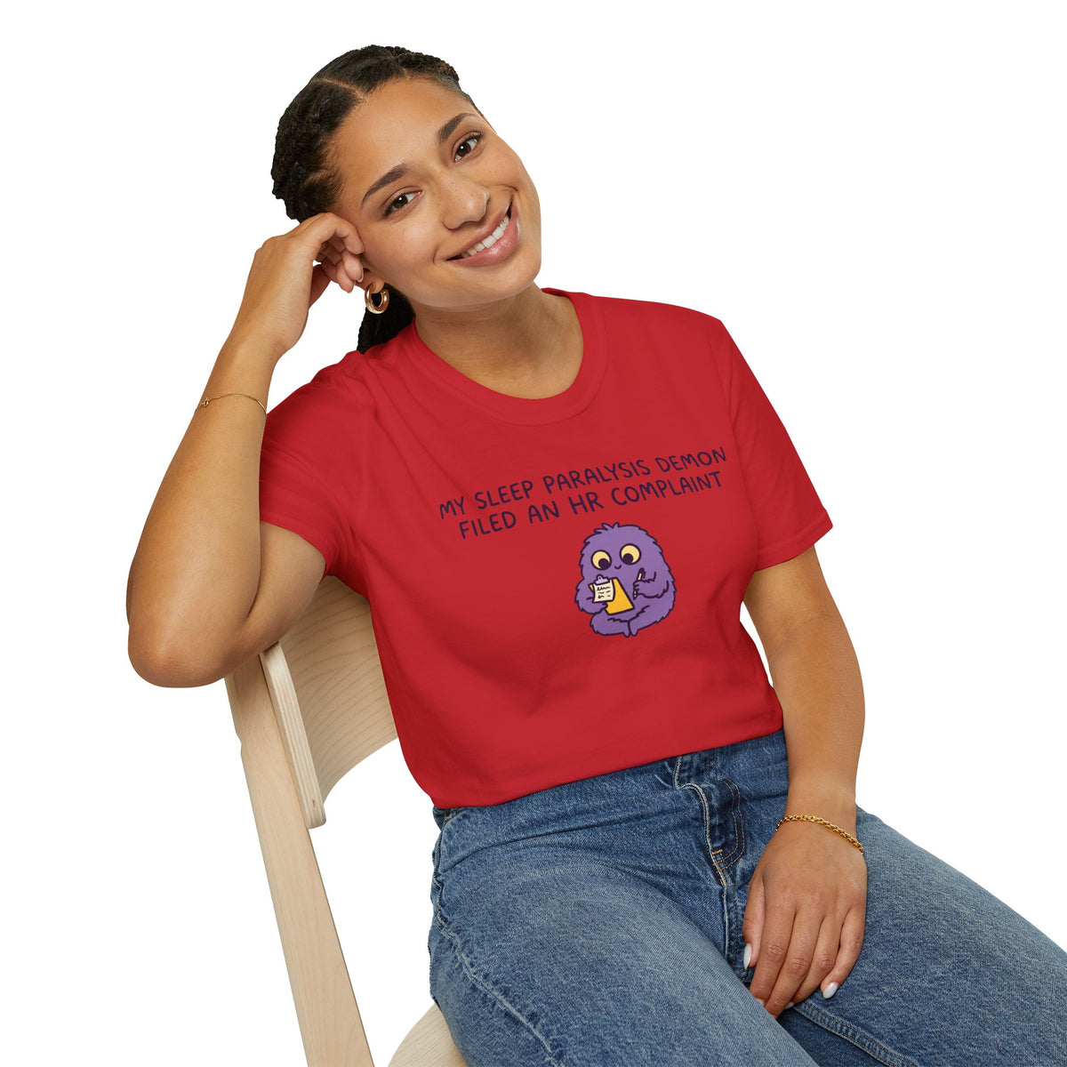 Sleep Paralysis Demon T‑Shirt — Funny Cute Purple Monster with HR Complaint