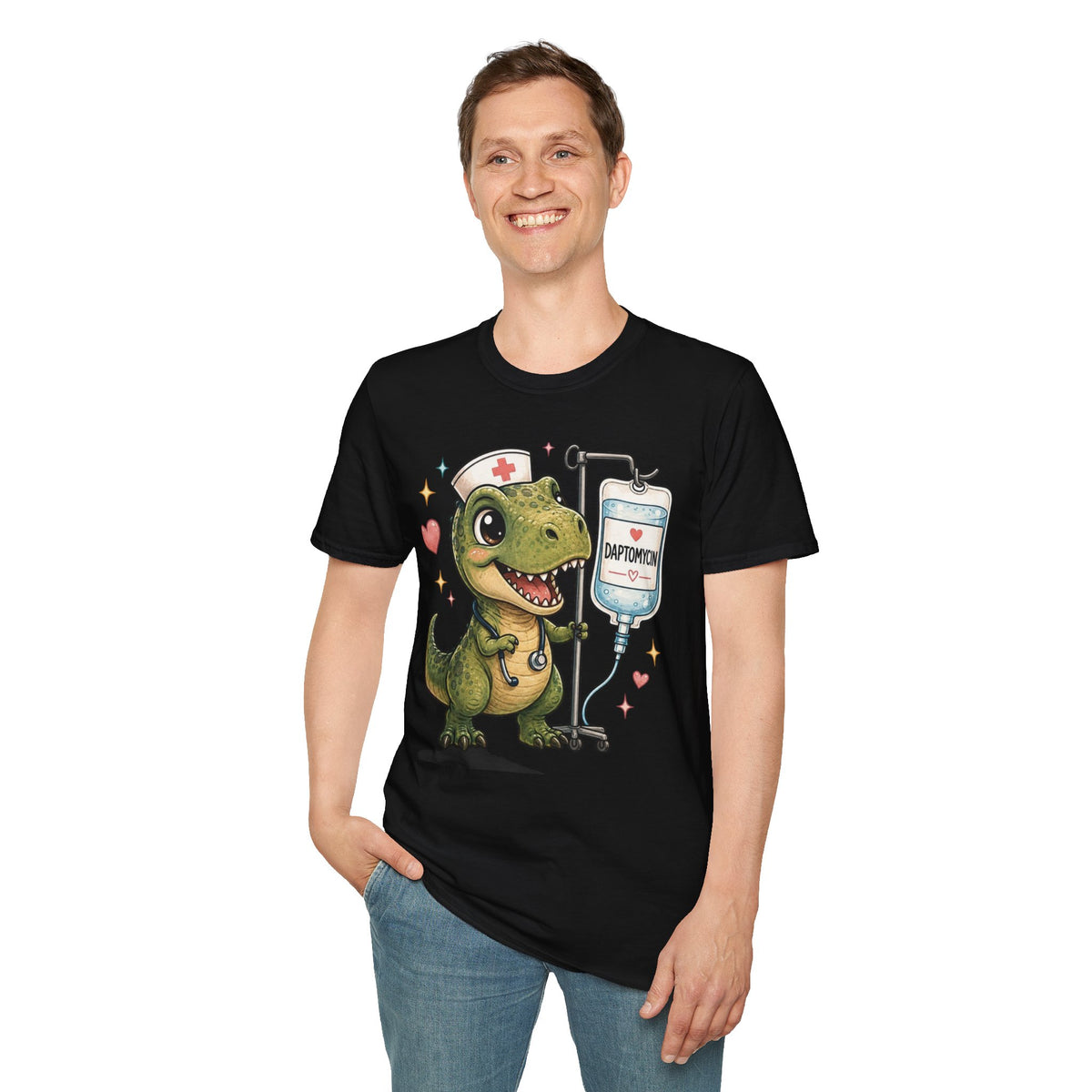 Nurse Dino T‑Shirt — Cute Daptomycin IV Cartoon Tee for Nurses & Med Students