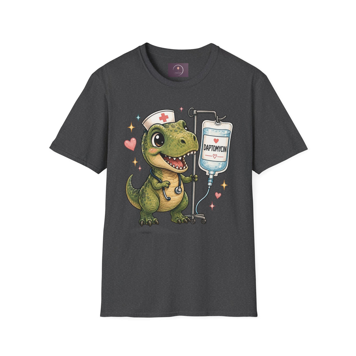 Nurse Dino T‑Shirt — Cute Daptomycin IV Cartoon Tee for Nurses & Med Students
