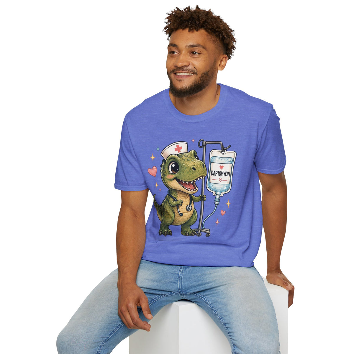 Nurse Dino T‑Shirt — Cute Daptomycin IV Cartoon Tee for Nurses & Med Students