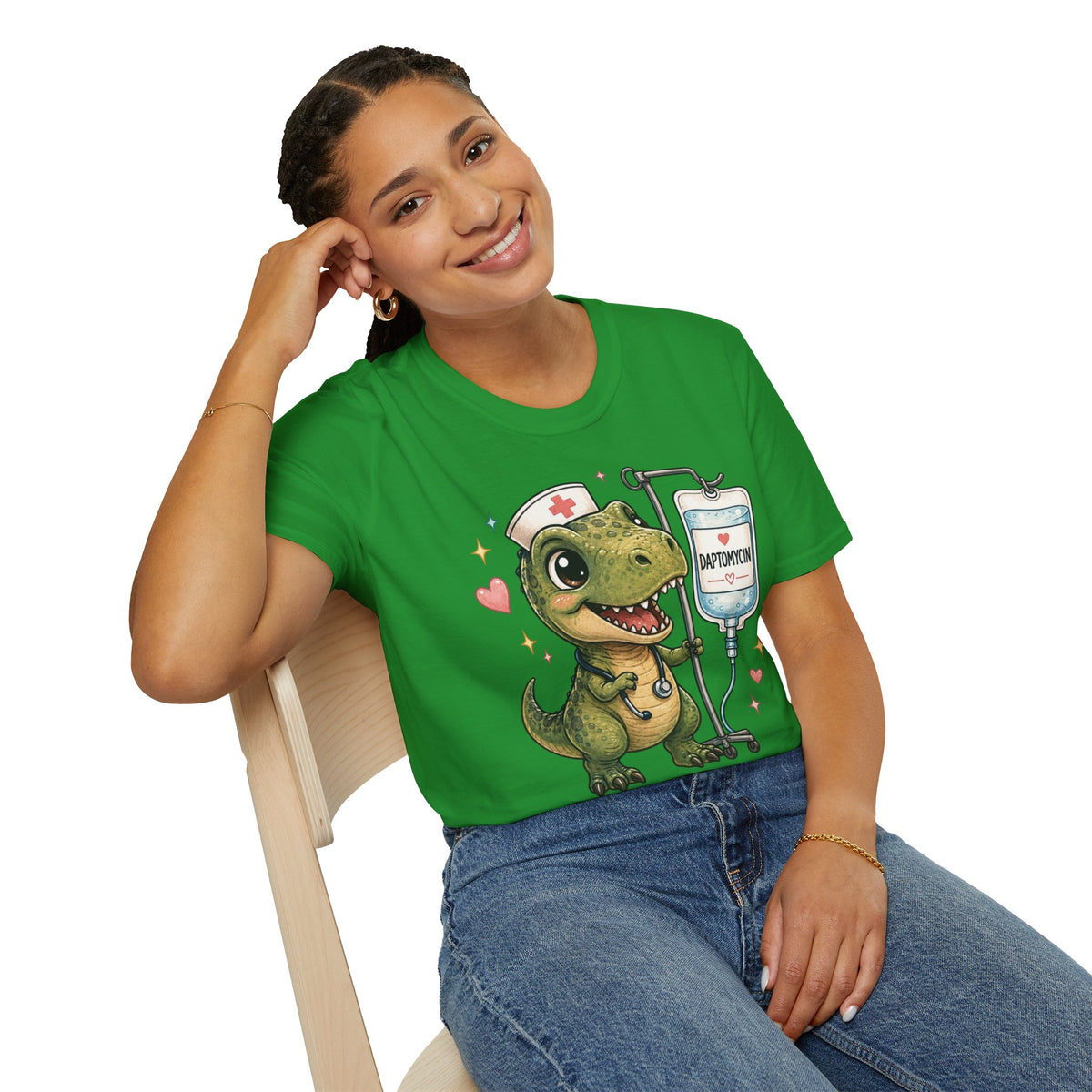 Nurse Dino T‑Shirt — Cute Daptomycin IV Cartoon Tee for Nurses & Med Students