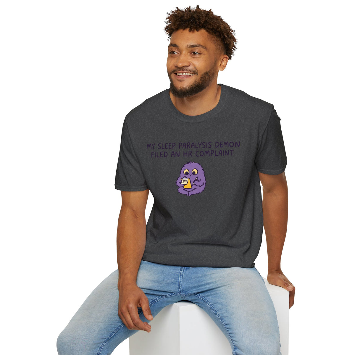 Sleep Paralysis Demon T‑Shirt — Funny Cute Purple Monster with HR Complaint