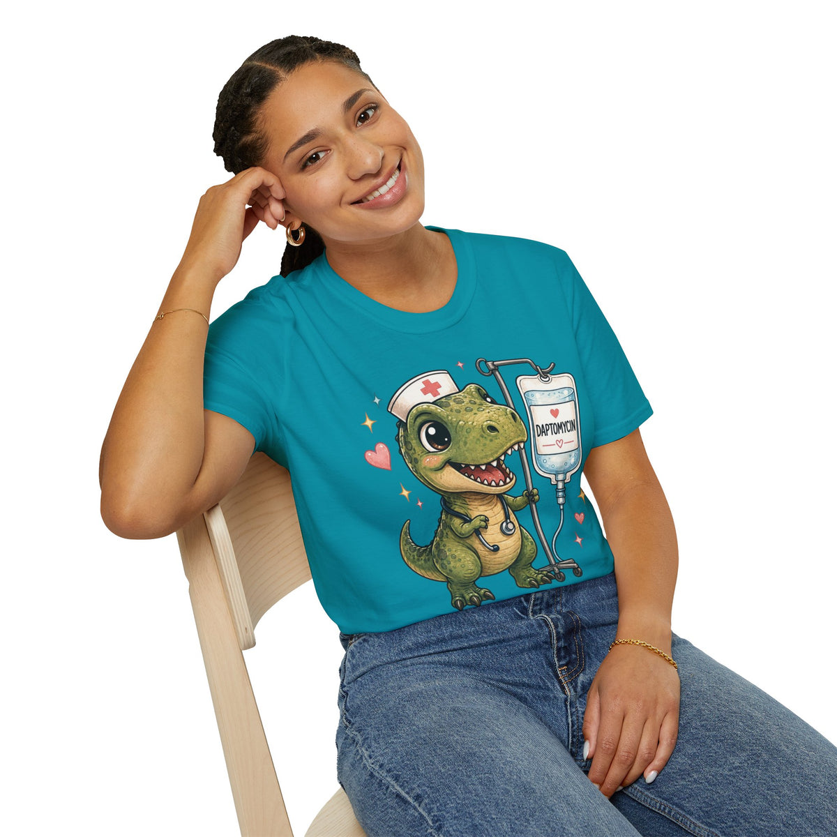 Nurse Dino T‑Shirt — Cute Daptomycin IV Cartoon Tee for Nurses & Med Students