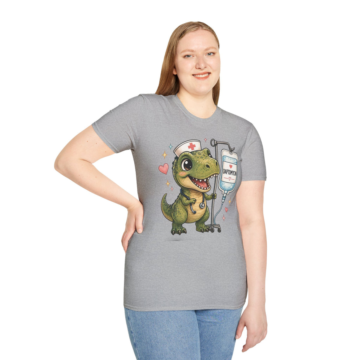 Nurse Dino T‑Shirt — Cute Daptomycin IV Cartoon Tee for Nurses & Med Students