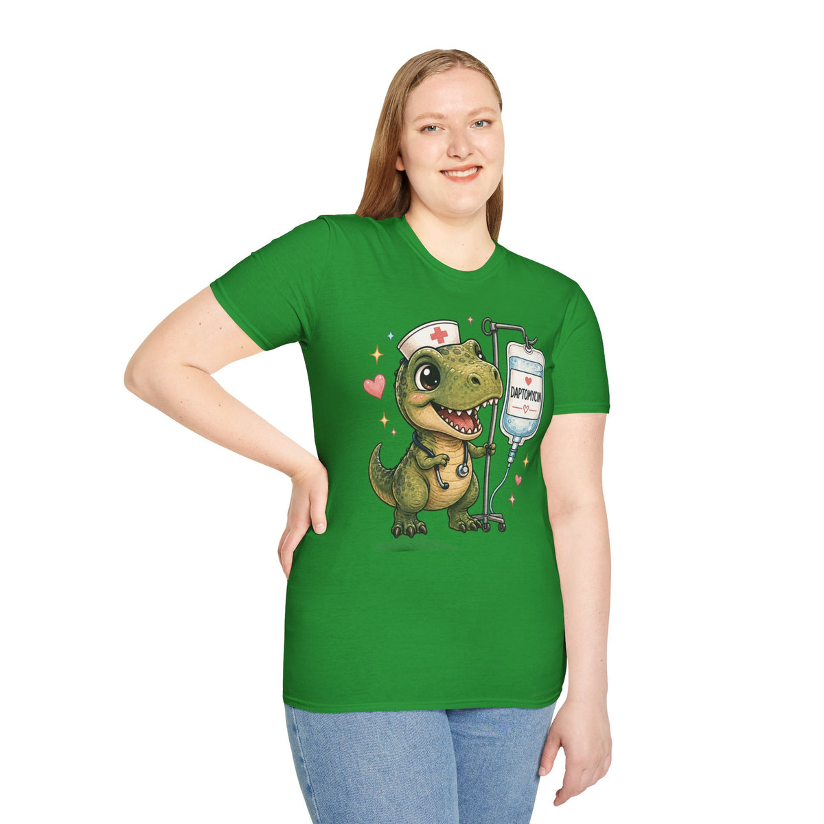 Nurse Dino T‑Shirt — Cute Daptomycin IV Cartoon Tee for Nurses & Med Students