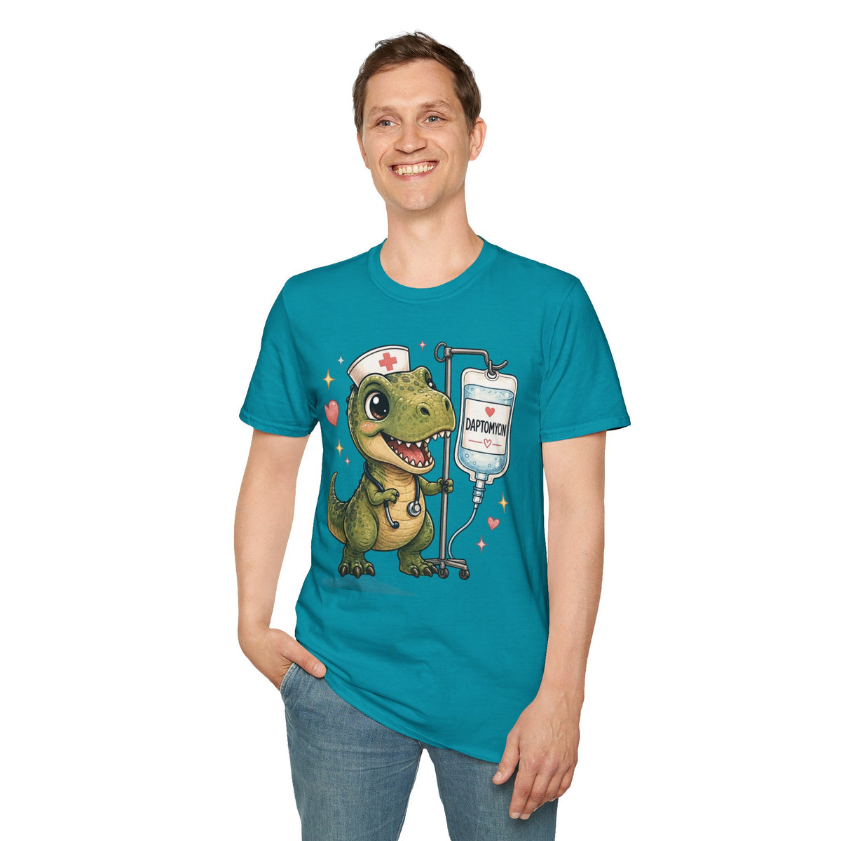 Nurse Dino T‑Shirt — Cute Daptomycin IV Cartoon Tee for Nurses & Med Students