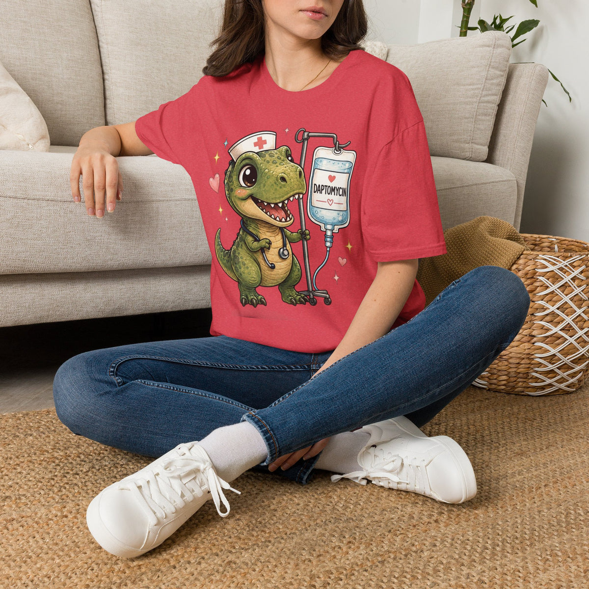 Nurse Dino T‑Shirt — Cute Daptomycin IV Cartoon Tee for Nurses & Med Students
