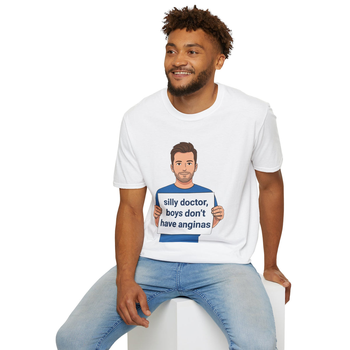 Graphic T-Shirt — 'silly doctor, boys don't have anginas' Cartoon Man Tee