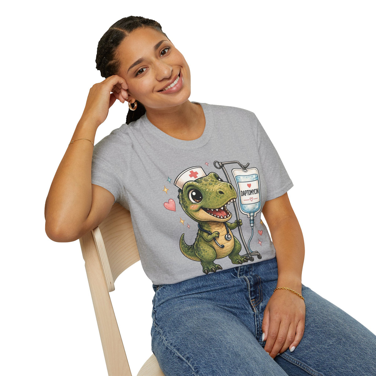 Nurse Dino T‑Shirt — Cute Daptomycin IV Cartoon Tee for Nurses & Med Students