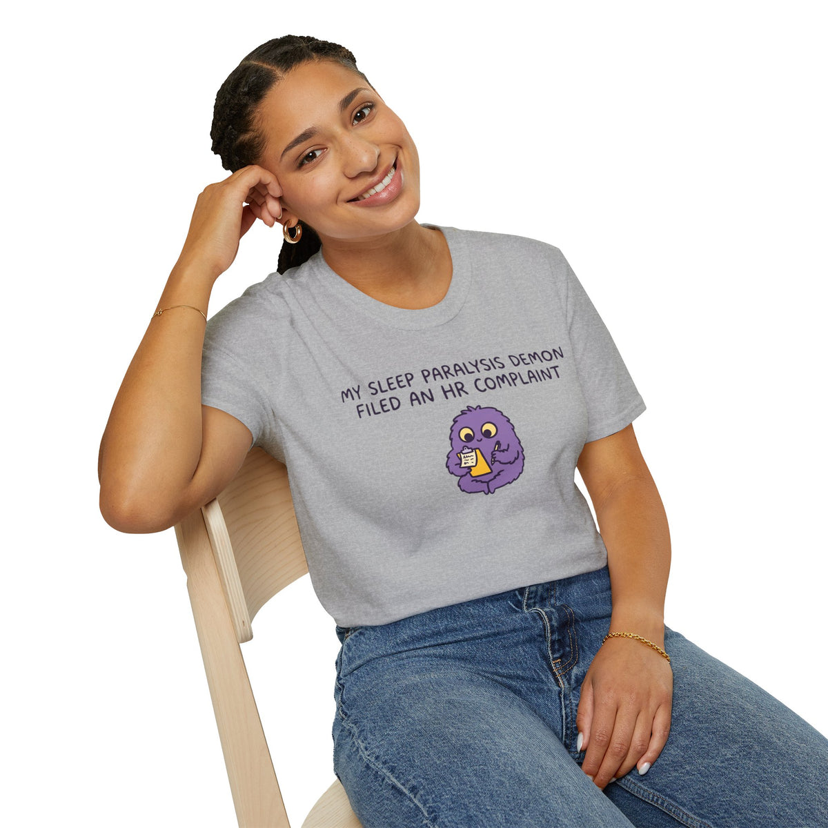 Sleep Paralysis Demon T‑Shirt — Funny Cute Purple Monster with HR Complaint