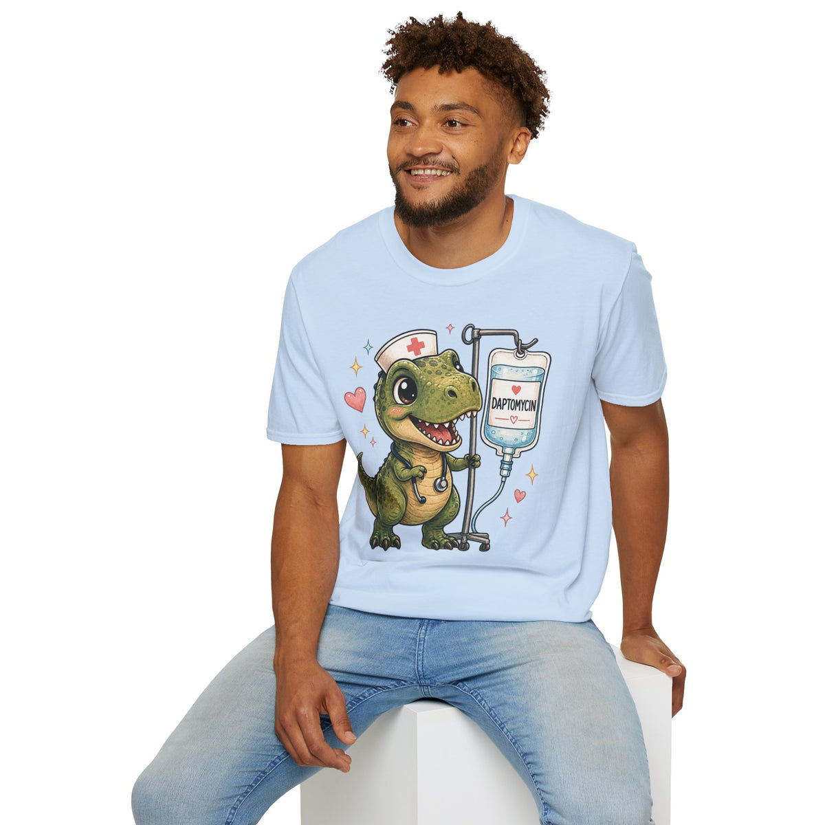 Nurse Dino T‑Shirt — Cute Daptomycin IV Cartoon Tee for Nurses & Med Students