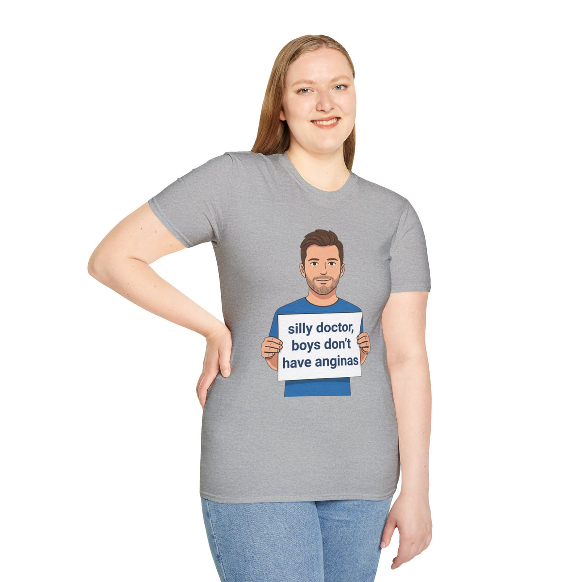 Graphic T-Shirt — 'silly doctor, boys don't have anginas' Cartoon Man Tee